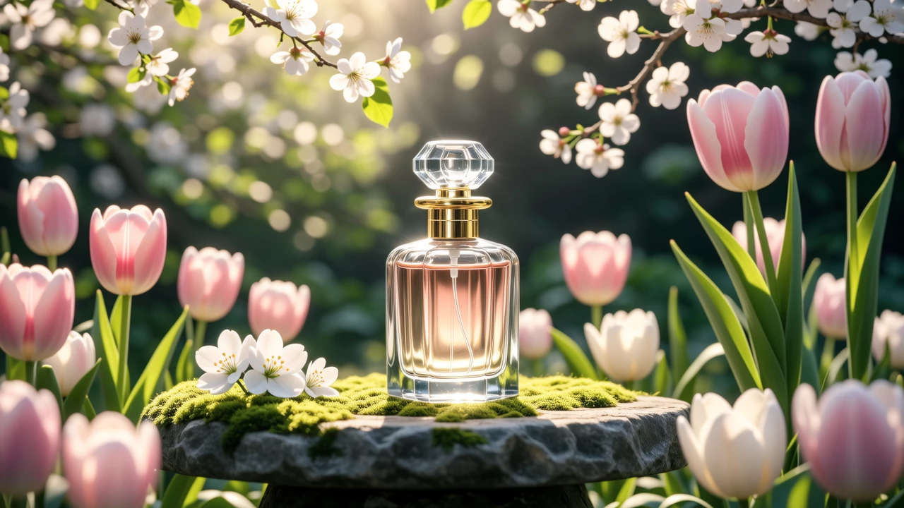 A serene spring garden filled with blooming tulips and cherry blossoms, with a delicate glass perfume bottle resting on a moss-covered stone bench, soft morning light filtering through the trees, pastel color palette