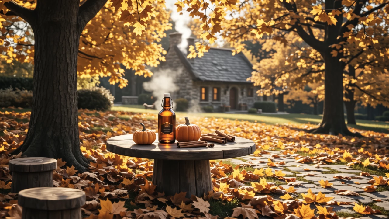 A cozy autumn setting with golden fallen leaves covering the ground, a rustic wooden table holding a bottle of spicy perfume next to a pumpkin and cinnamon sticks, warm golden hour lighting casting long shadows