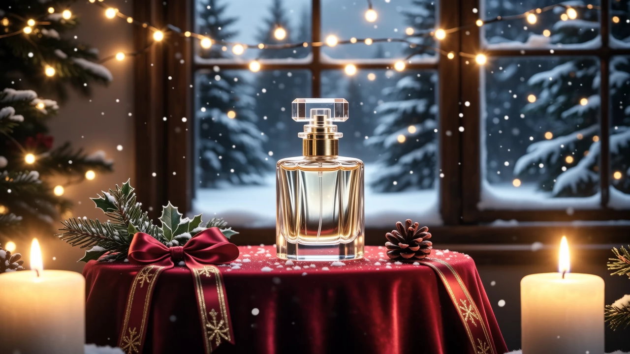 A festive winter landscape with snow-covered pine trees and twinkling lights, an ornate perfume bottle decorated with holly and ribbons sitting on a velvet-covered table indoors, warm candlelight glow