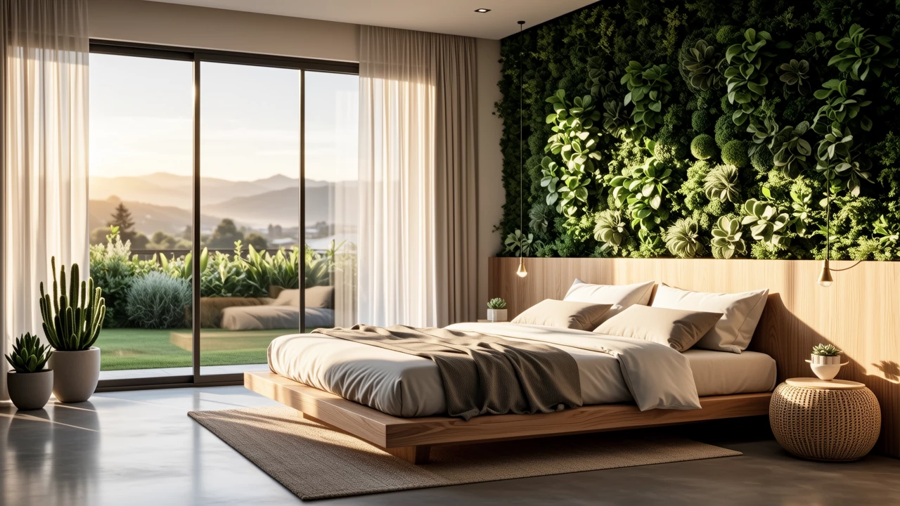 A biophilic bedroom with a living wall, natural wood bed frame, and large windows overlooking a garden, morning light filtering through, evoking peace and tranquility