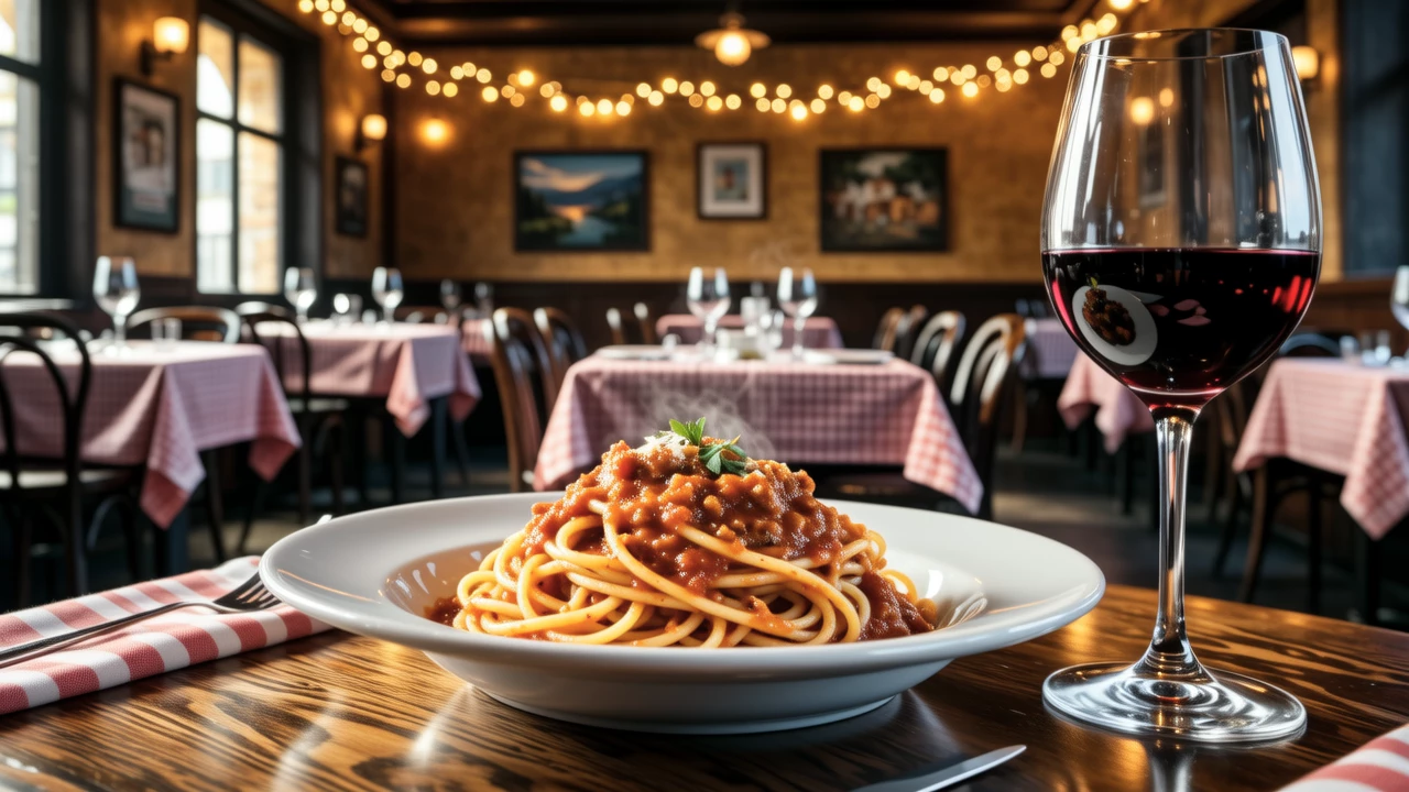 A cozy Italian restaurant in Rome with wooden tables, a plate of fresh pasta, and a glass of red wine, capturing the warm atmosphere