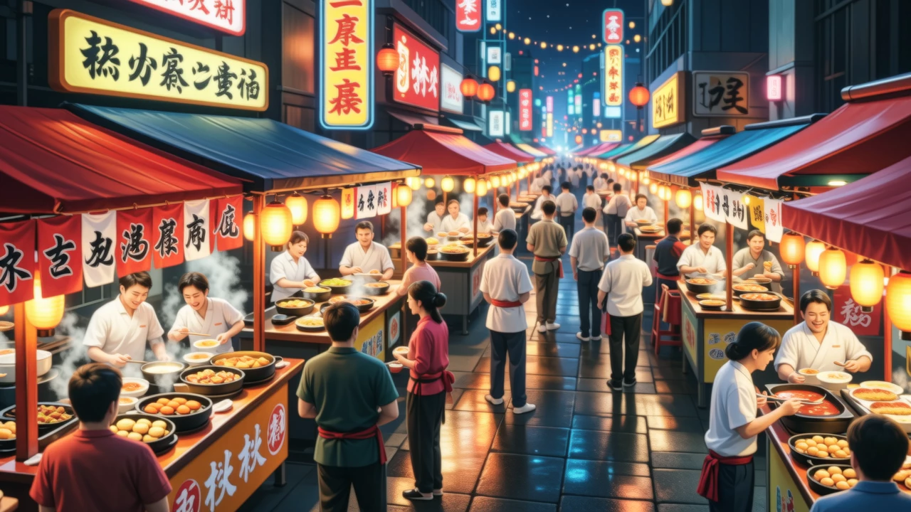 A vibrant night market in Osaka with takoyaki stalls, neon lights, and crowds enjoying local snacks