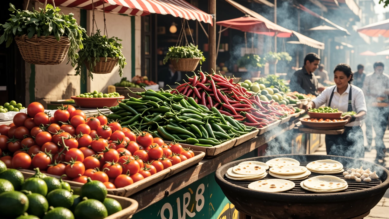 A colorful Mexican mercado with piles of fresh produce, tortillas being made, and vendors selling spicy salsas