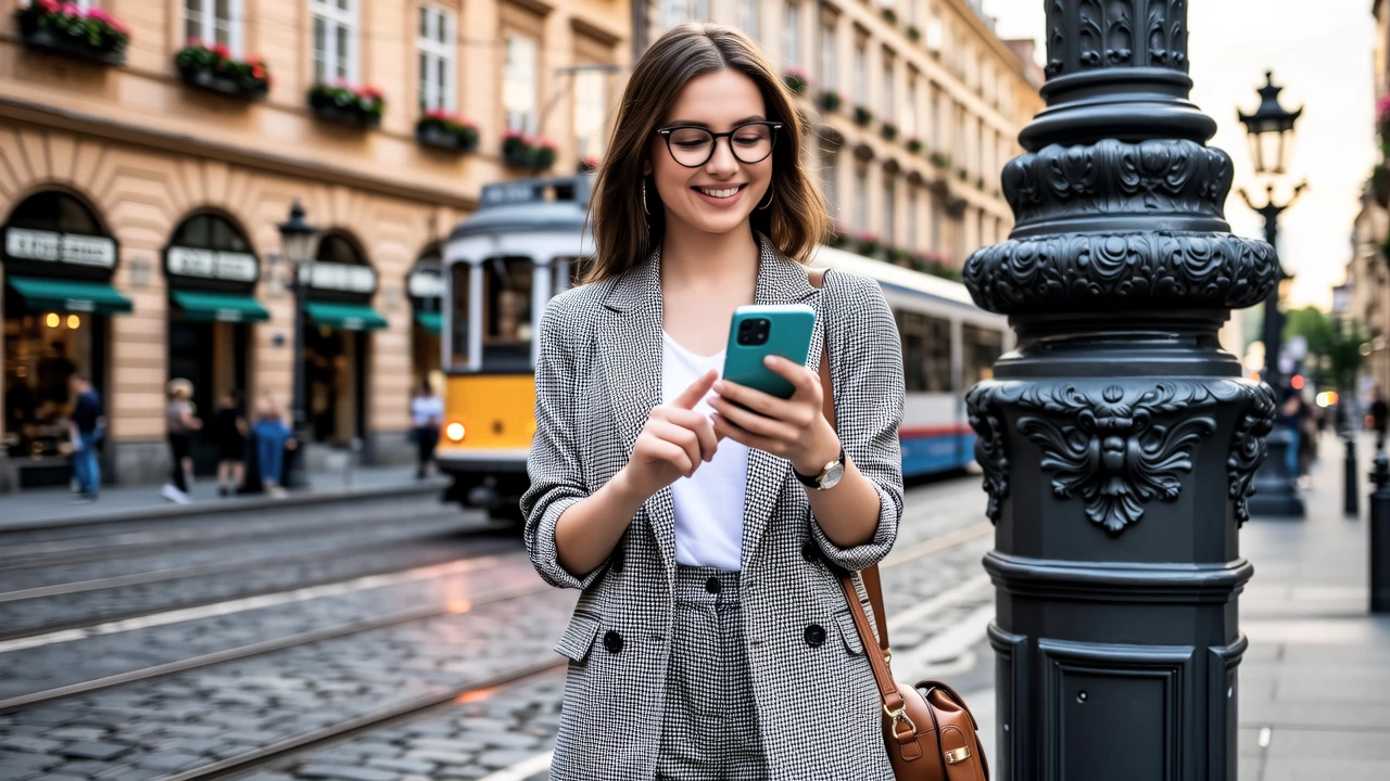 A traveler using a smartphone with a maps app open, standing at a crossroad in a vibrant foreign city with colorful buildings and street signs.