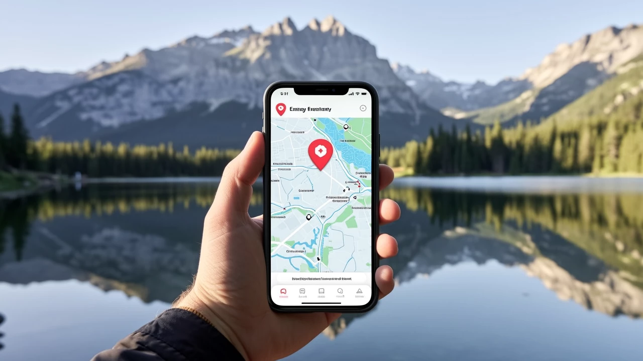 A screenshot of a safety app on a phone displaying emergency contacts and a map with nearby hospitals, set against a backdrop of a tranquil but remote mountain landscape.