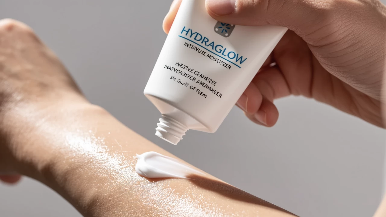 A close-up shot of HydraGlow Intensive Moisturizer being applied to dry, flaky skin on a forearm, with soft lighting to emphasize hydration and smoothness