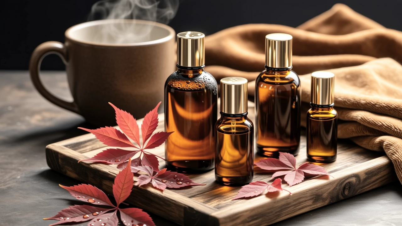 An artistic arrangement of the recommended body lotions on a wooden tray with autumn leaves and soft fabrics, creating an inviting and aesthetic setup