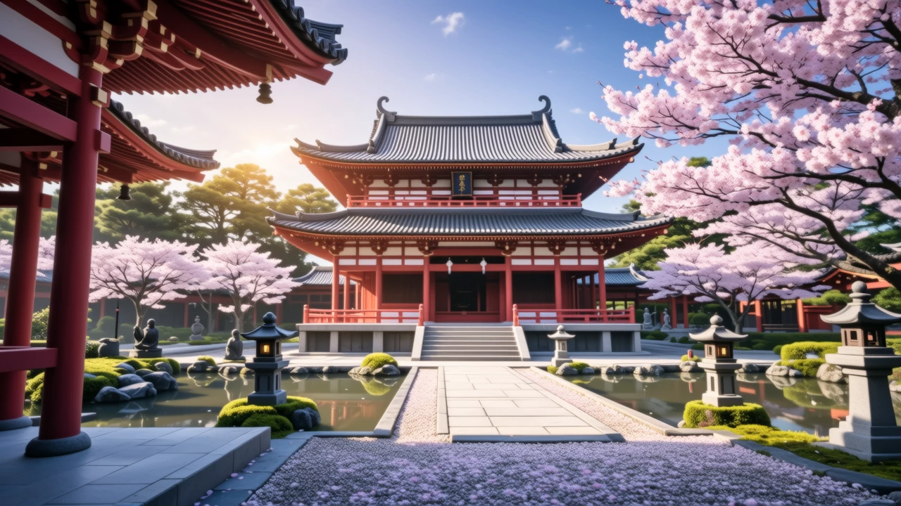 A serene temple in Kyoto surrounded by cherry blossoms during spring, with traditional architecture and peaceful gardens