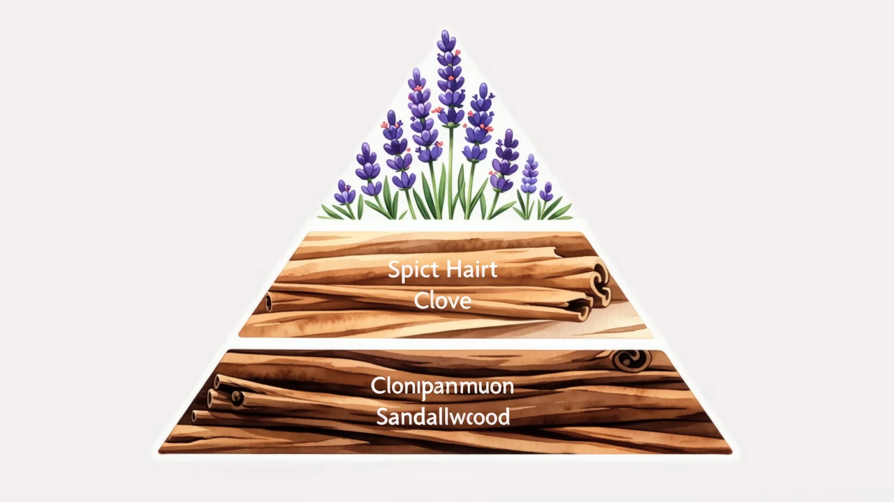 A colorful diagram showing the pyramid structure of fragrance notes with floral top notes, spicy middle notes, and woody base notes, soft watercolor style, natural lighting, elegant composition.