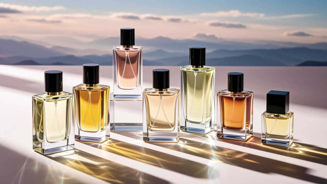An artistic flat lay of perfume bottles from different fragrance families arranged in complementary pairs, minimalist aesthetic, soft focus, pastel background, natural morning light.