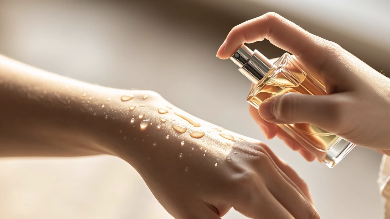 Close-up of a person's wrist with delicate droplets of perfume being applied, showing pulse point application, macro photography style, soft focus on droplets, golden hour lighting