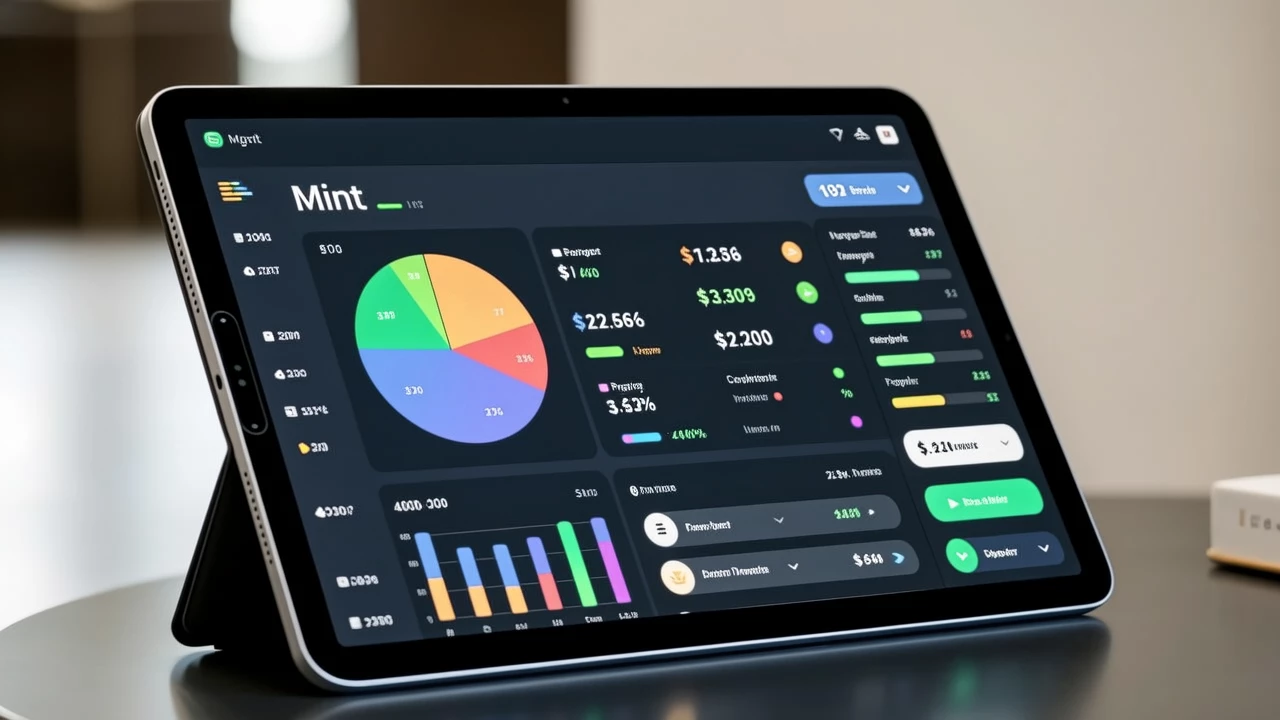 An overview screen of Mint app displaying pie charts of expenses, budget progress bars, and account summaries on a tablet