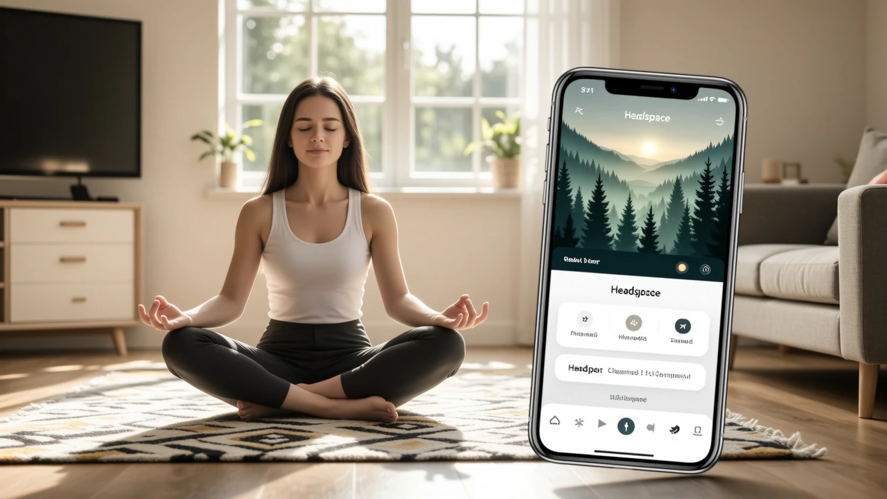 A serene illustration of a person meditating with Headspace app open on their phone, showing a peaceful nature background and meditation timer