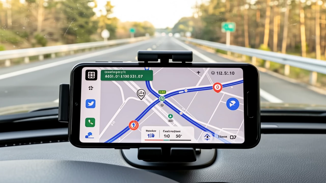 A smartphone showing Google Maps navigation during a car ride with route highlighted, traffic conditions, and estimated arrival time