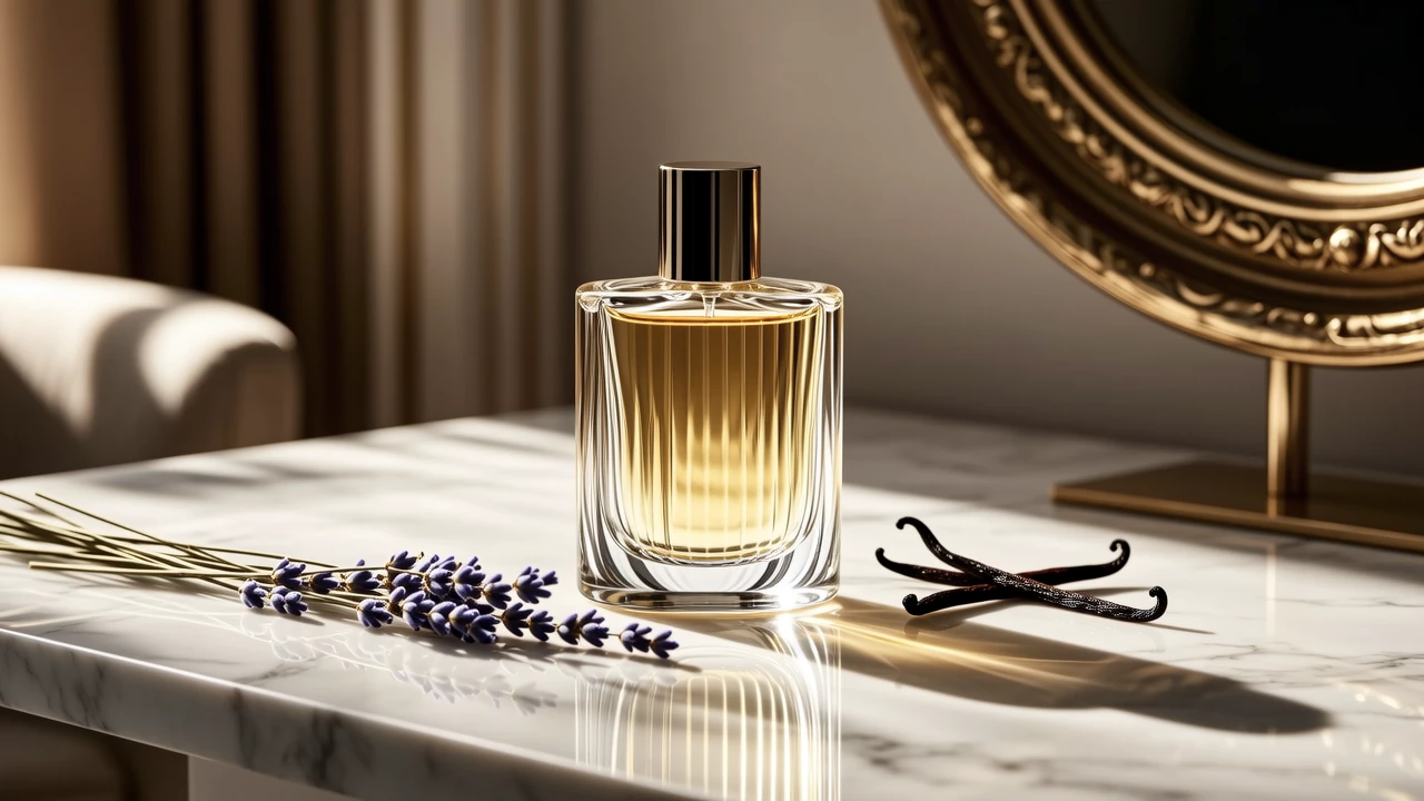 A sleek, minimalist glass perfume bottle resting on a marble surface, soft natural lighting highlighting the golden liquid inside, surrounded by dried lavender and vanilla pods.