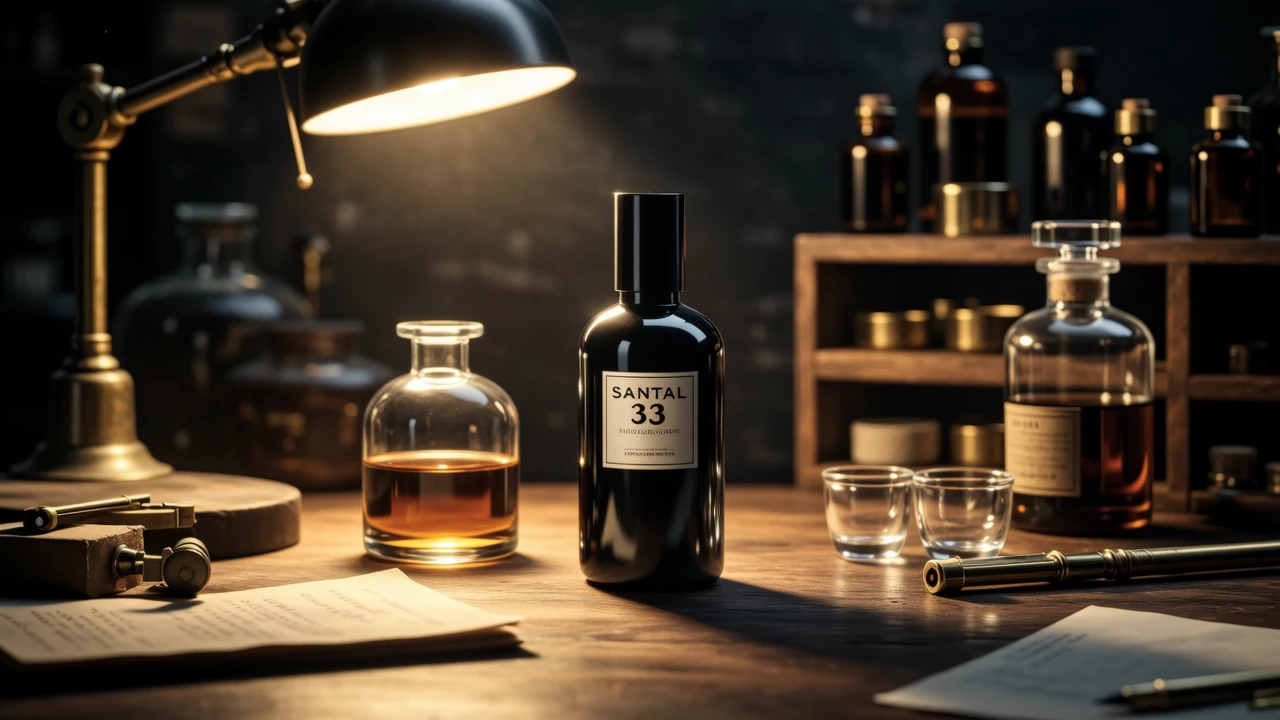 An artistic shot of a perfumer's studio with glass beakers, essential oil bottles, and handwritten notes, moody lighting with a focus on a bottle of Santal 33.