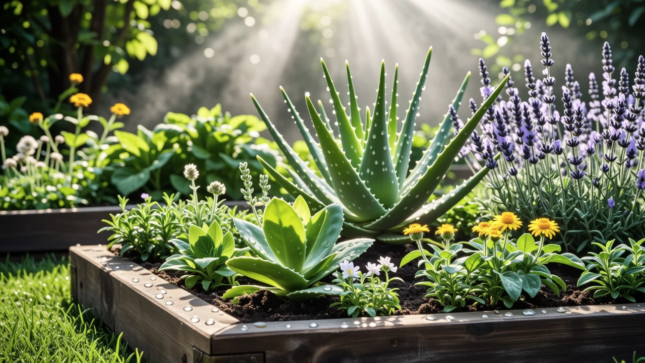 A serene botanical garden with various medicinal plants and herbs used in natural skincare, soft morning light, hyperrealistic style