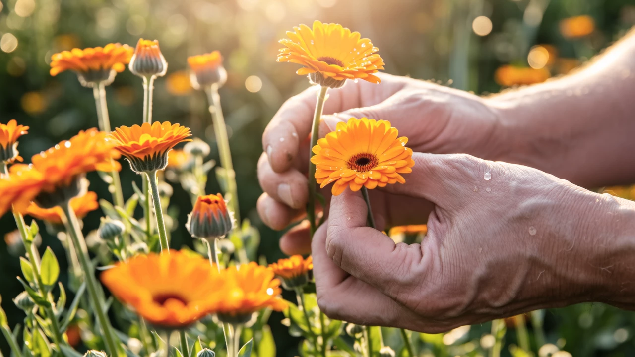 Close-up of hands gently harvesting calendula flowers in an organic field, golden hour lighting, photorealistic detail