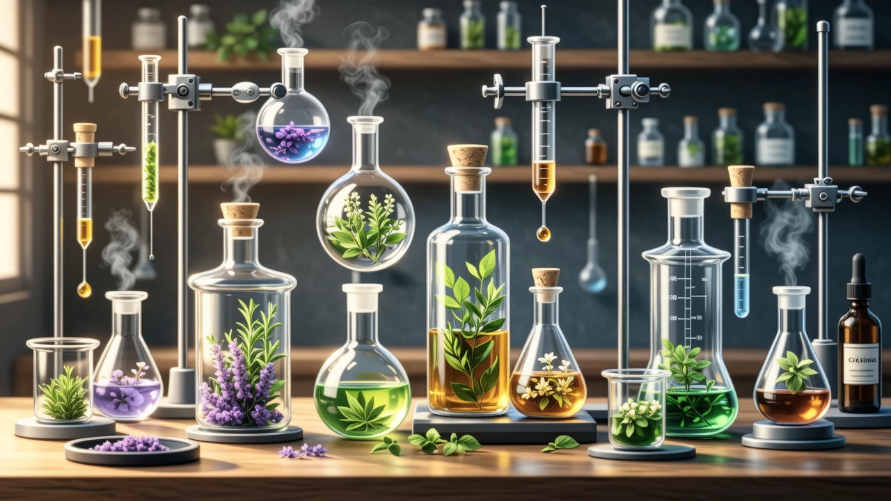 Laboratory setting with natural ingredients being carefully measured and mixed, scientific yet organic atmosphere, detailed illustration style