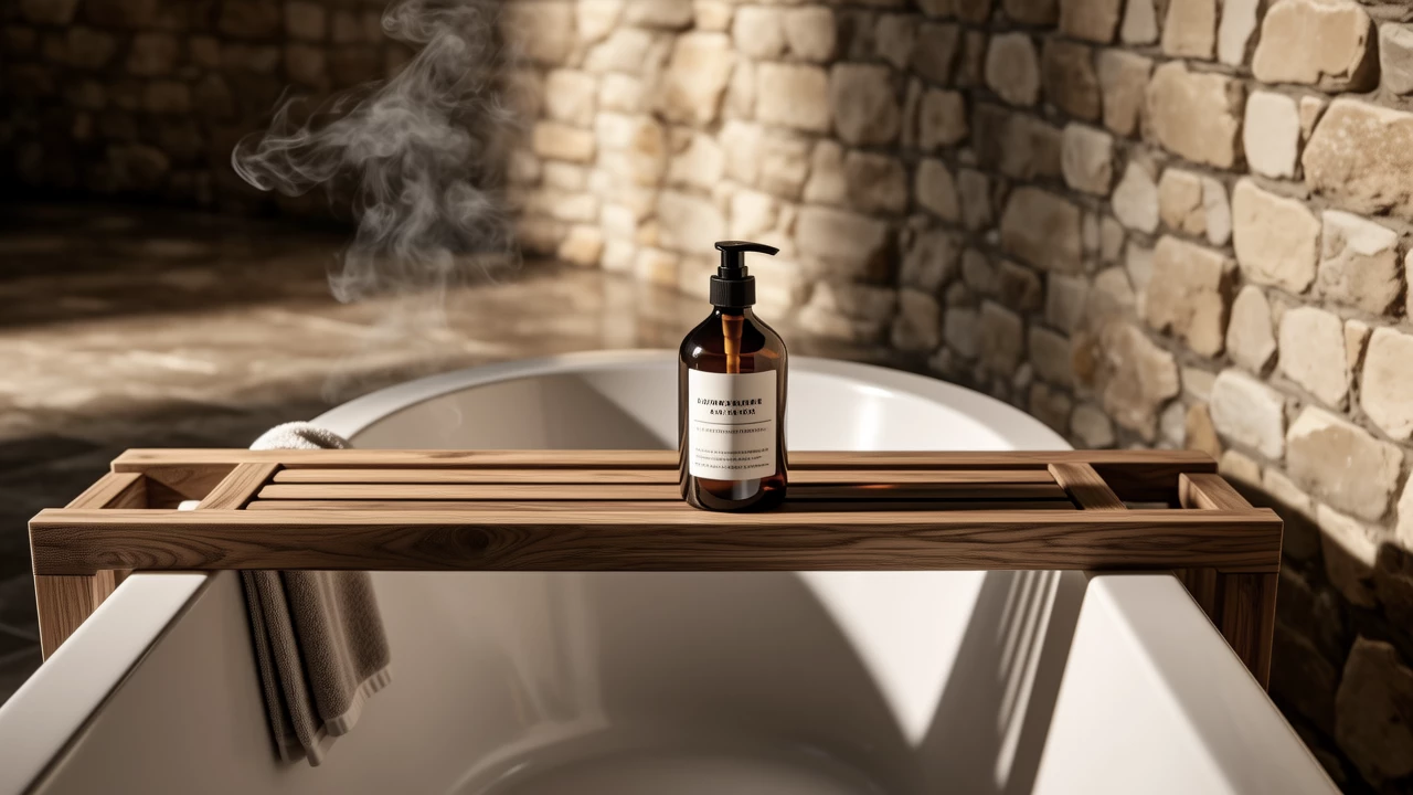 A serene bathroom setting with natural stone surfaces, dim lighting, and a elegant glass bottle of lavender-scented body wash sitting beside a wooden bath tray, with steam gently rising from a filled tub