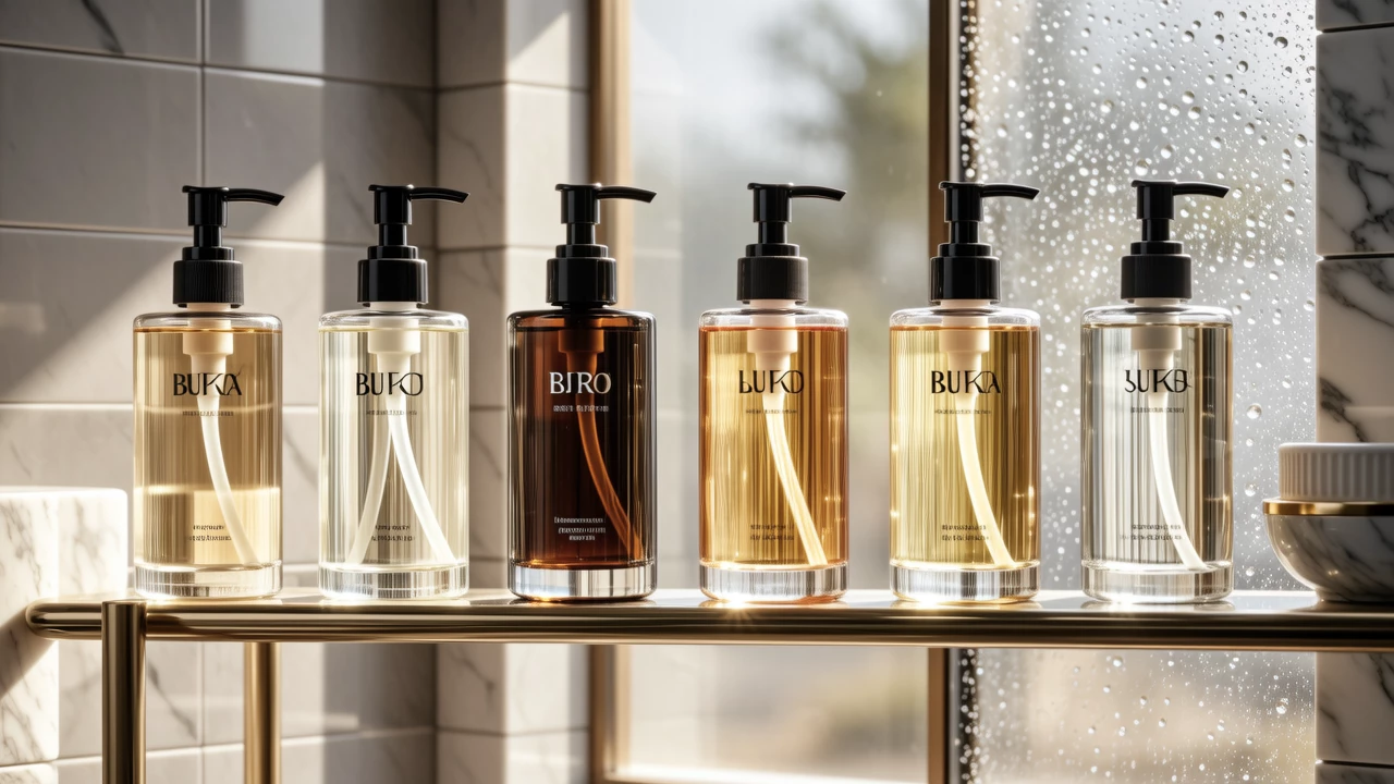 A collection of luxury body wash bottles in various designs arranged artfully on a shower shelf, with natural light filtering through a frosted glass window, water droplets on surfaces