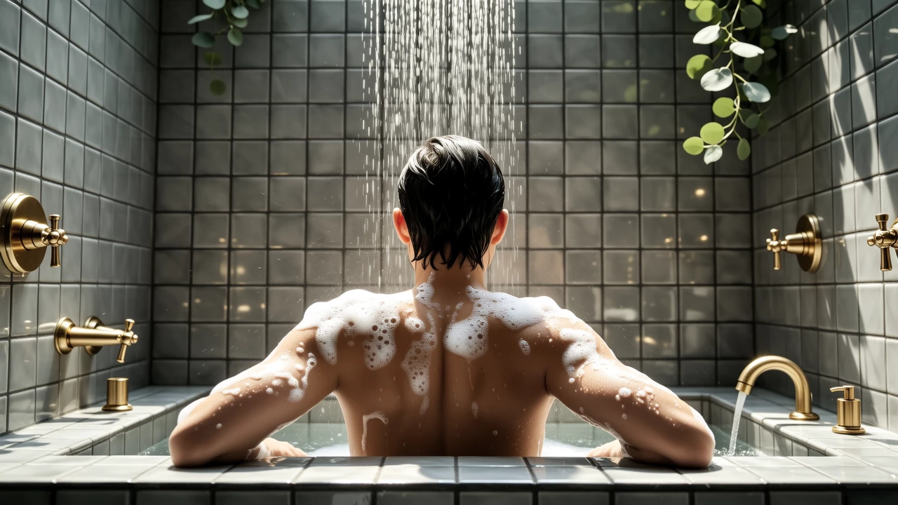 A person's back view showing relaxed shoulders under streaming water with visible body wash suds, in a beautifully tiled shower space with hanging eucalyptus branches