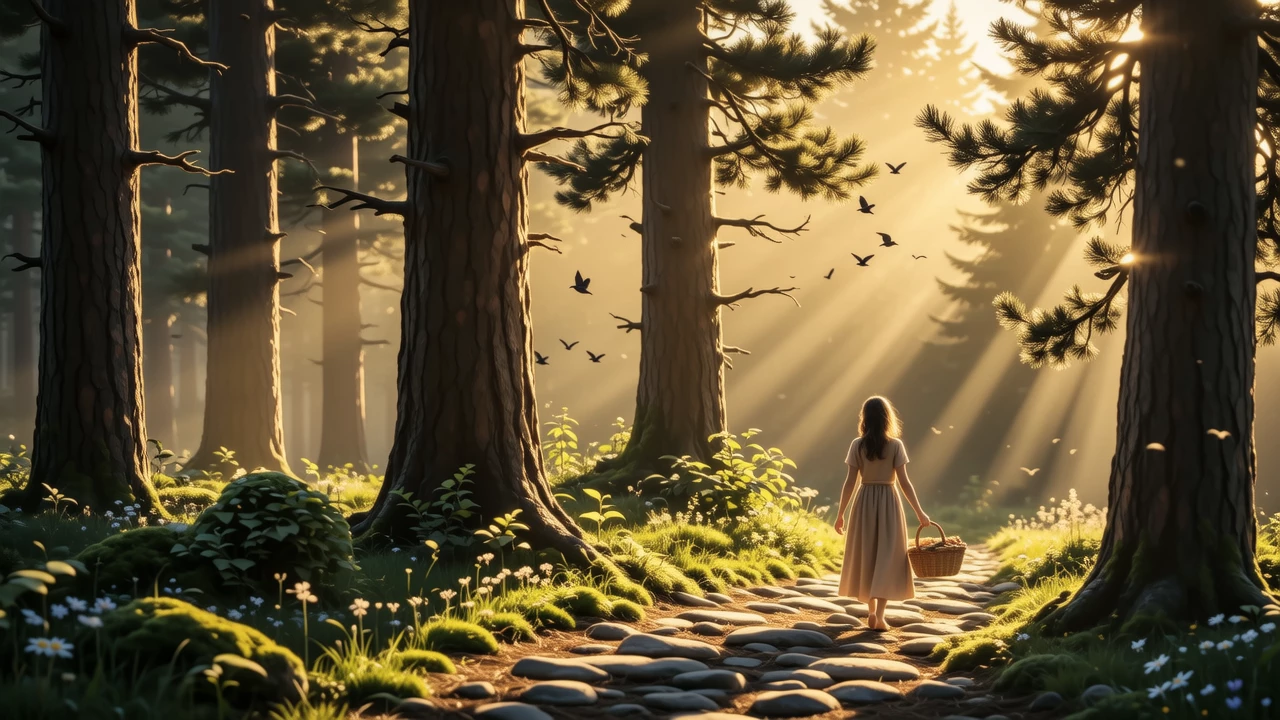 A vibrant scene of a person walking through a lush forest during golden hour, with sunlight filtering through trees, birds chirping, and a peaceful trail, evoking a sense of tranquility and connection with nature