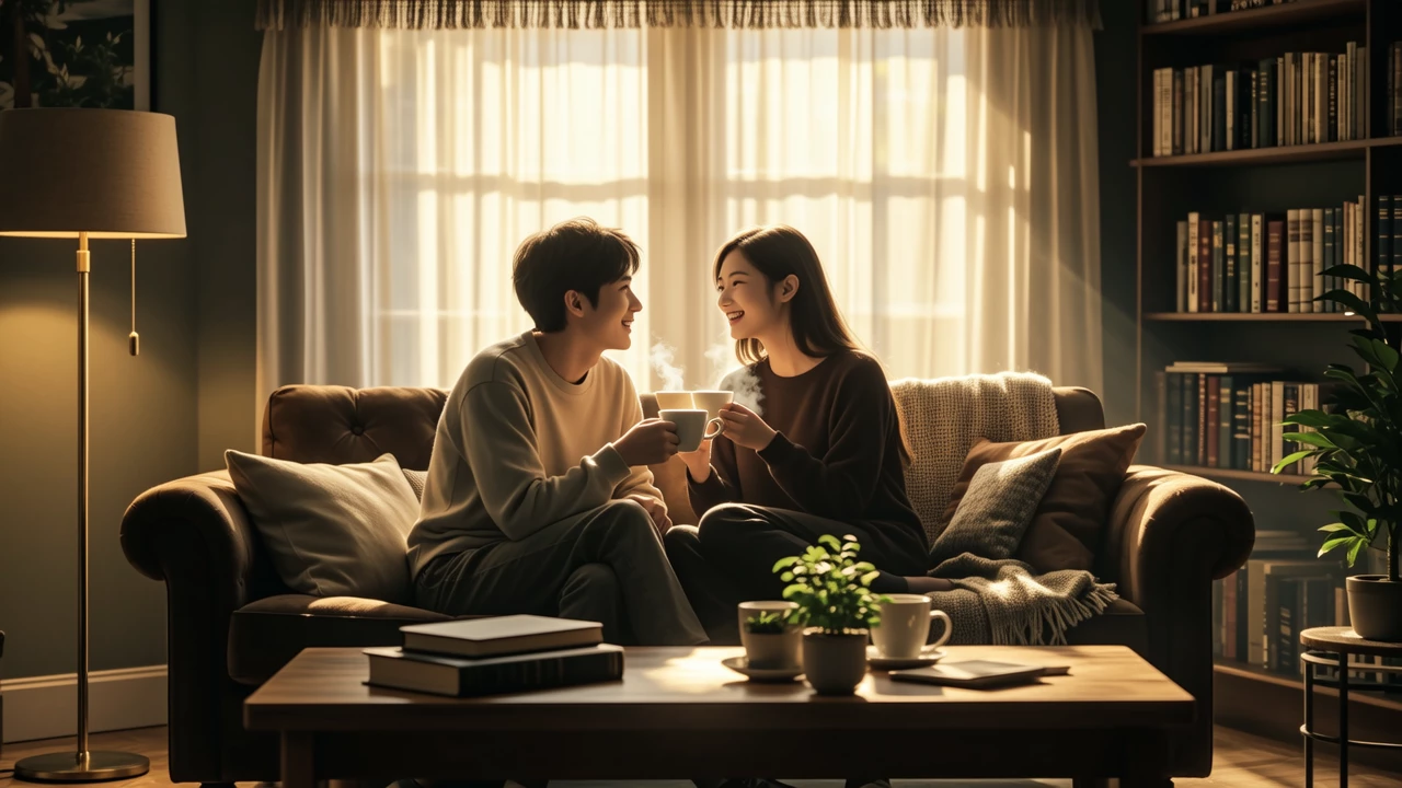 A cozy illustration of two people having a warm conversation over tea in a comfortable living room, with soft lighting, books, and plants, conveying support and relaxation