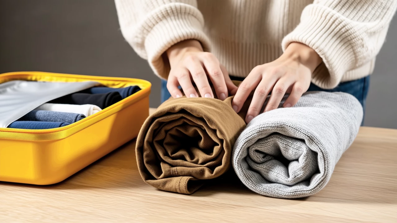 A close-up view of hands rolling clothes into tight bundles, with a packing cube open nearby showing organized compartments
