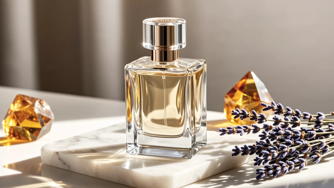 A minimalist glass perfume bottle with an iridescent sheen, resting on a marble surface surrounded by dried lavender and amber crystals, soft natural lighting, hyper-realistic style