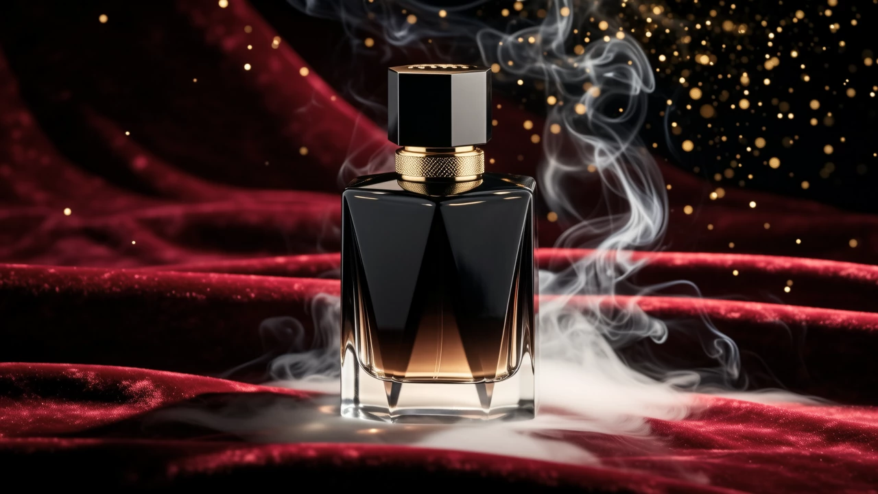 A dark, moody photoshoot of a geometric black perfume bottle placed on a velvet cloth, with smoke swirling around it and glints of gold accents, dramatic shadows, cinematic atmosphere