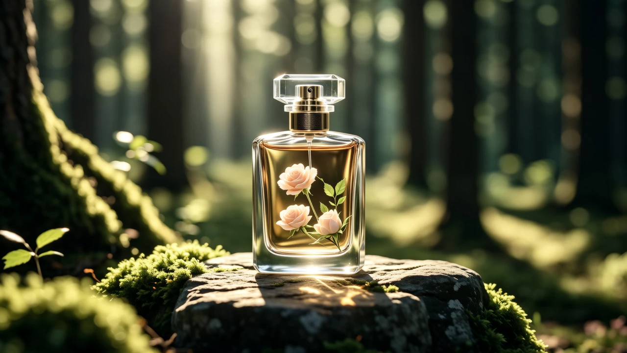 A transparent perfume bottle with floating floral petals inside, sitting on a moss-covered stone in a sun-dappled forest, ethereal and soft-focus, natural color palette