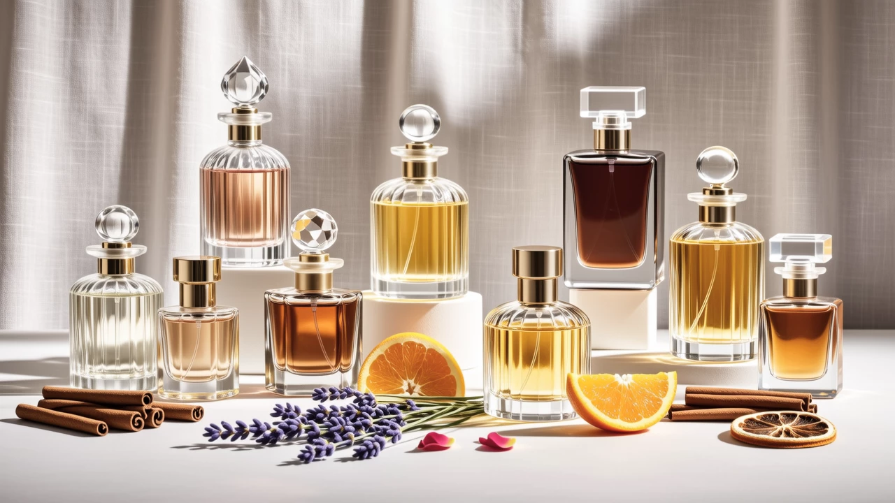 An artistic flat lay of perfume bottles in various shapes and sizes, with scattered dried flowers, citrus slices, and spice sticks on a neutral linen background, bright and clean aesthetic