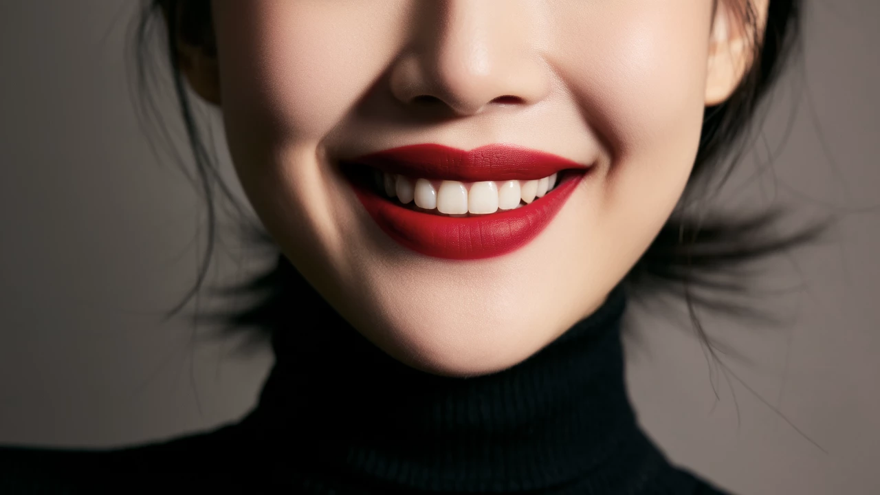 A close-up shot of a woman with perfectly applied matte red lipstick, smiling confidently with clean background, studio lighting, high definition