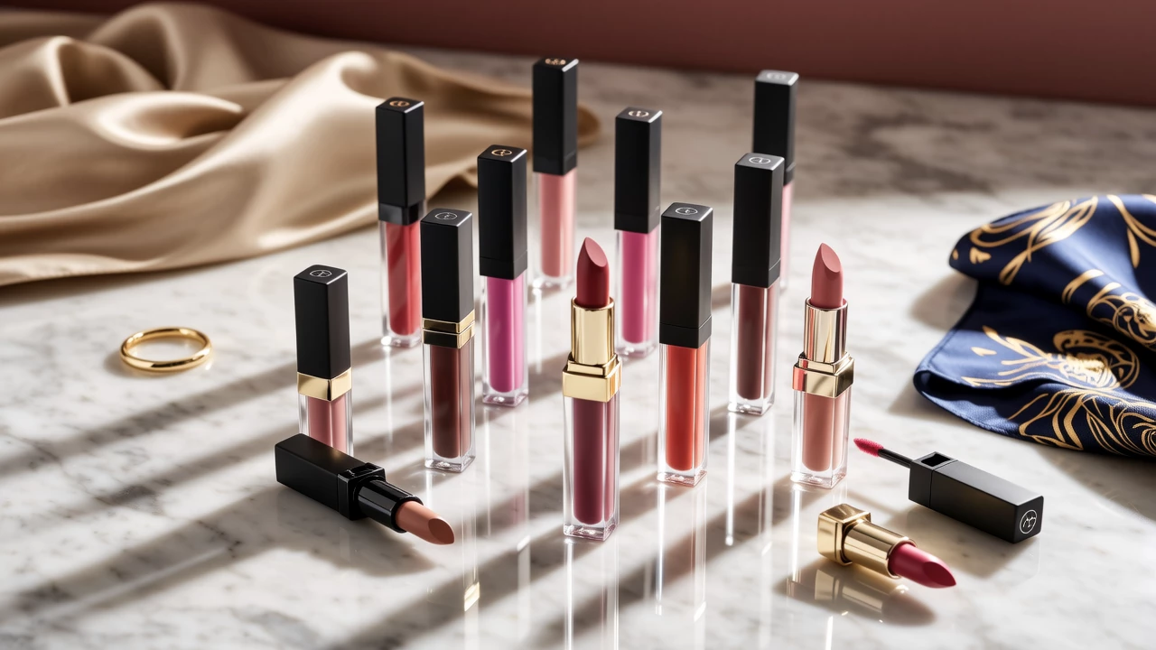 Flat lay composition of various affordable lipstick tubes arranged artistically on a marble surface, with some caps off showing different colors, soft natural lighting