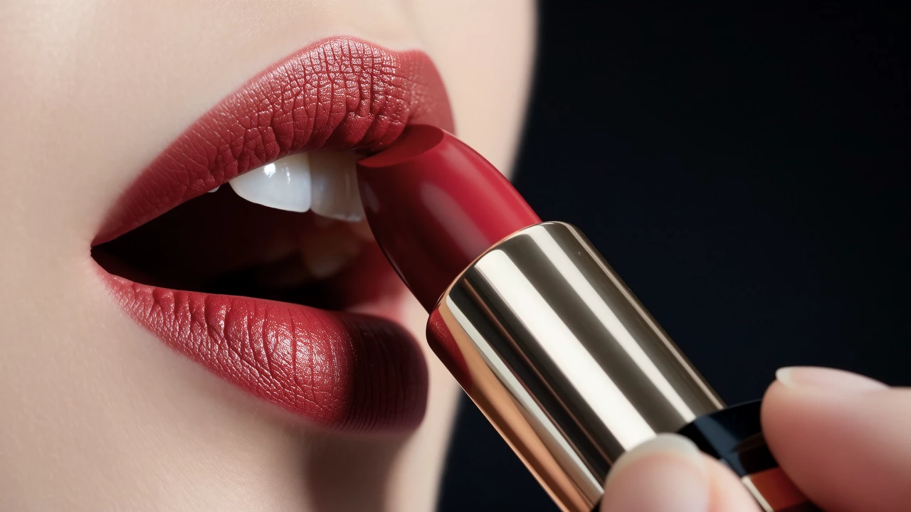 Macro shot of lipstick application showing the bullet gliding across lips, capturing texture and color deposition in extreme detail, dramatic lighting
