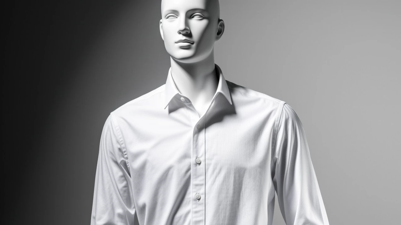 A minimalist mannequin displaying a tailored white shirt against a soft grey background, emphasizing clean lines and fabric texture, with subtle shadow play for depth.