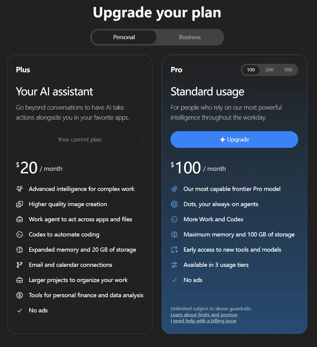 ChatGPT upgrade page showing the current Plus plan at $20 per month next to the Pro plan starting at $100 per month