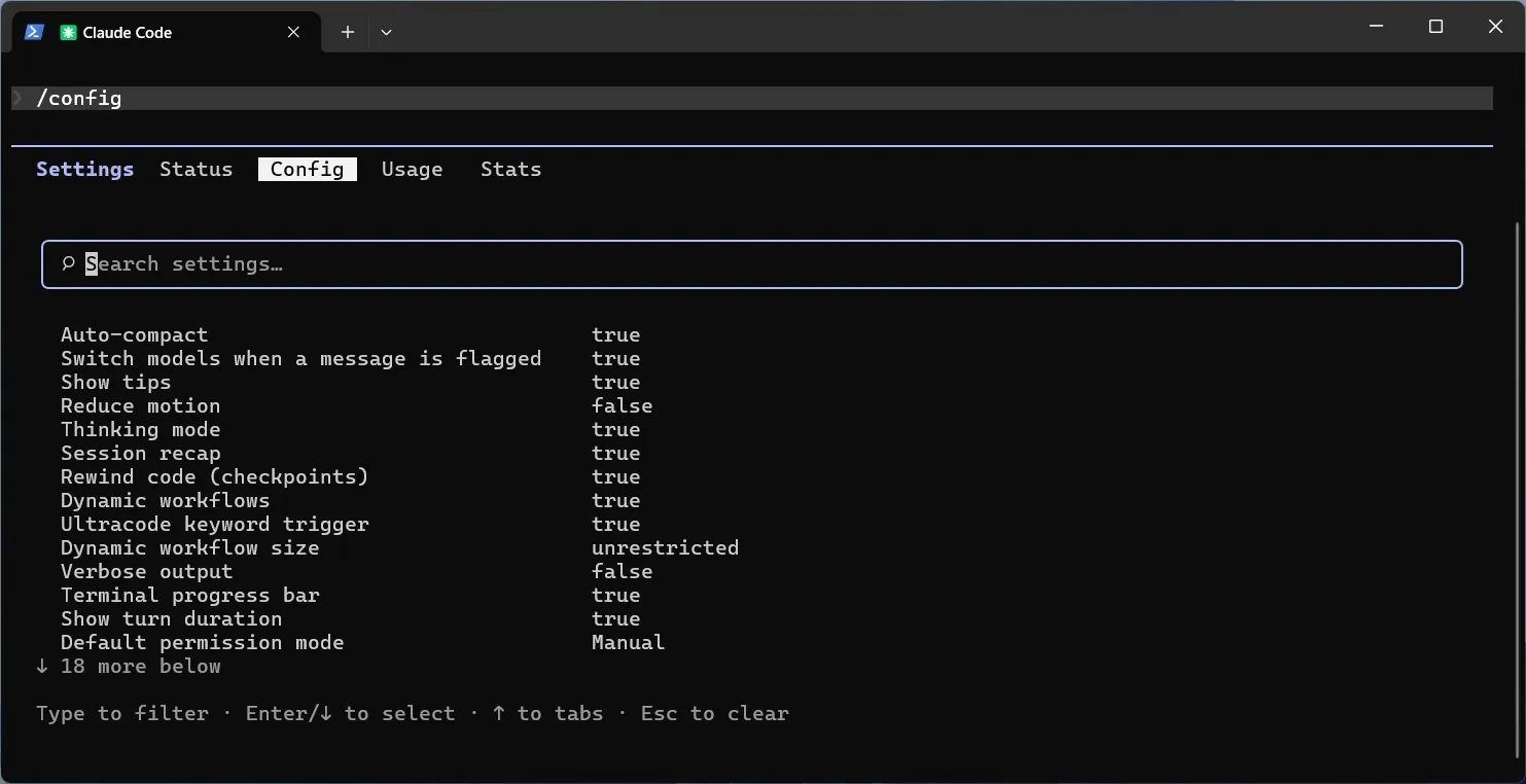 Claude Code /config settings panel in a Windows terminal, showing the Config tab with options such as Auto-compact, Thinking mode and Default permission mode