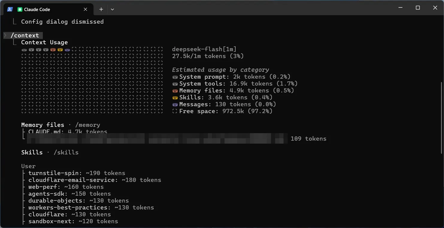 Claude Code /context output showing 27.5k of 1m tokens used, with usage by category, memory files (CLAUDE.md 4.7k tokens) and a list of skills