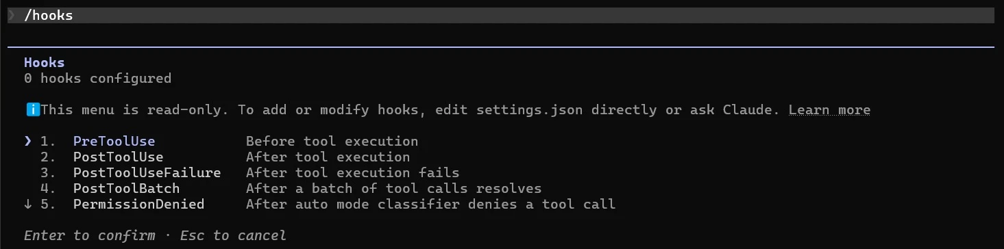 Claude Code /hooks menu in Windows Terminal showing "0 hooks configured", a note that the menu is read-only, and a list of hook events: PreToolUse, PostToolUse, PostToolUseFailure, PostToolBatch, PermissionDenied