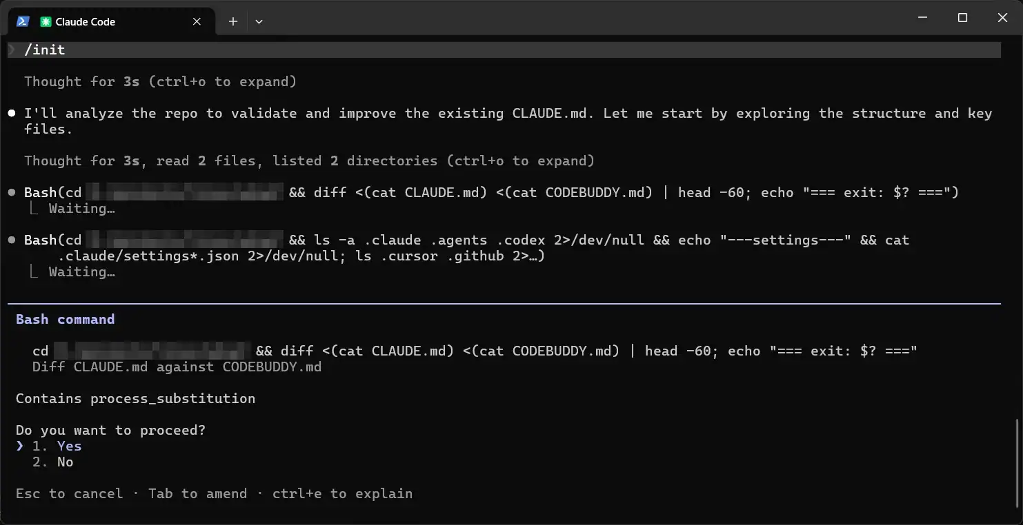 Claude Code terminal running /init to analyze a repository and improve an existing CLAUDE.md, showing a permission prompt asking whether to run a Bash diff command