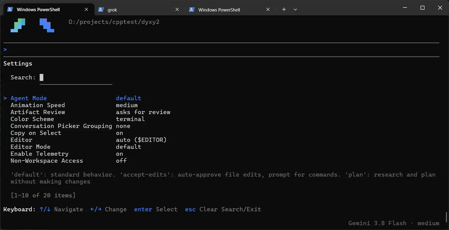 Gemini CLI settings showing Agent Mode options