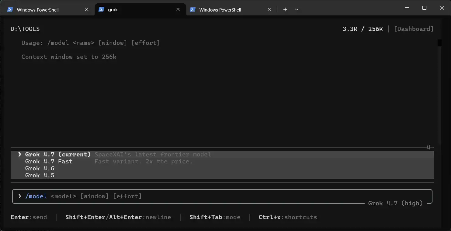 Grok CLI model picker listing Grok 4.7, Grok 4.7 Fast (2x the price), Grok 4.6 and Grok 4.5 with a 256K context window